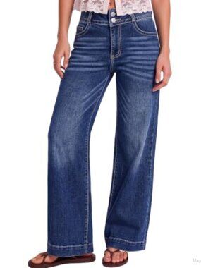 Women's High Waisted Wide Leg Stretch Jeans Double Button